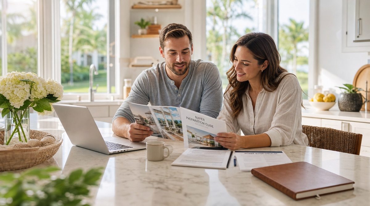 Florida couple reviewing buyer preparation guide and home checklist at their kitchen counter